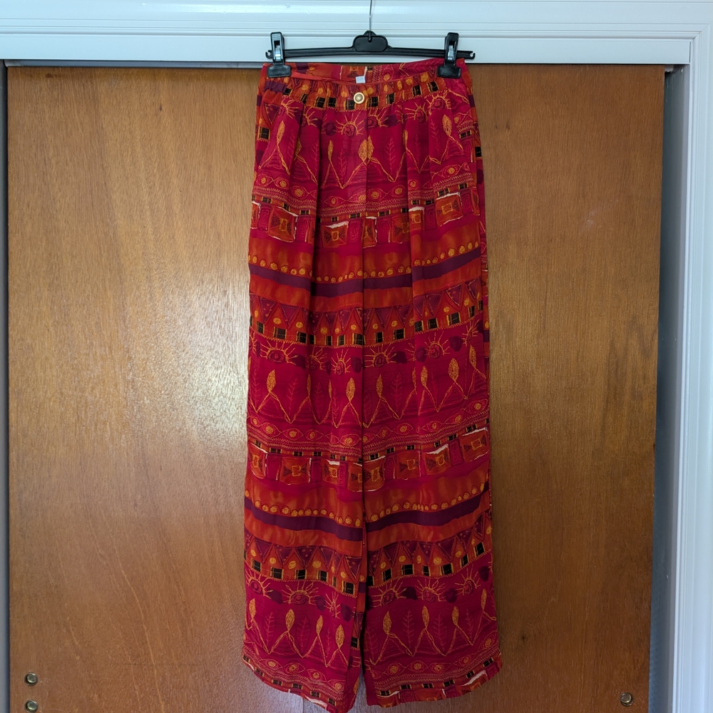 Vintage Bohemian Print Wide Leg Pants - Red and Orange Abstract Size Large - Picture 8 of 10